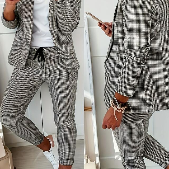 TEMU Elegant Women's Suit - Chic Button-up Blazer & Pants Set, Polyester, Grey & White Pattern, Lapel Collar, Spring/fall, Outfit | Chic Suit | Polyester Fabric