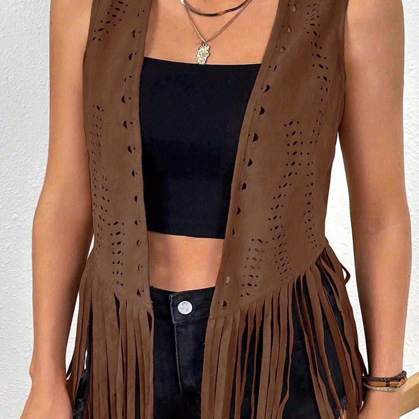 TEMU Talla Grande - Talla Grande - Chaleco de Flecos Estilo Western para Mujer de Talla Grande, Ideal para Vacaciones y Uso Casual
