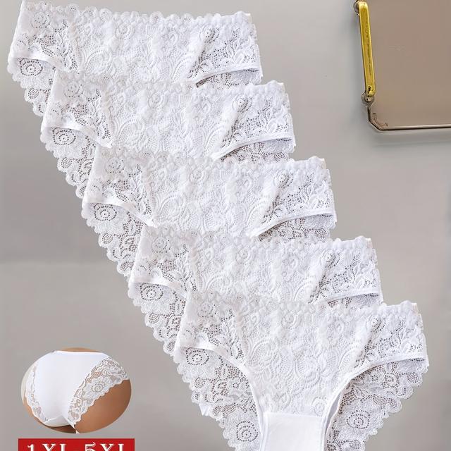 TEMU Set Of 5 Plus Size Women's Underwear, High Stretch Seamless Panties For Daily Use &, Plain White Underwear With Floral Lace , & - Romantic Feminine Underwear For Daily Luxury