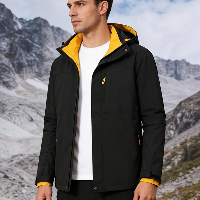 TEMU 【인기 선택】남성용 경량 후드 재킷 - 캐주얼 블랙 지퍼 포켓, 조절 가능한 끈 후드, 야외 하이킹 & 캠핑용, 세탁기 사용 가능