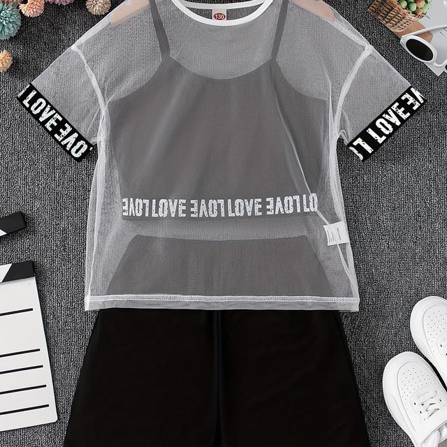 TEMU Girls' Summer Casual Outing 3pcs Set: Round Neck Short Sleeve Mesh Top, Sleeveless Knit Spaghetti Strap Top, And Shorts, Perfect For Outdoor