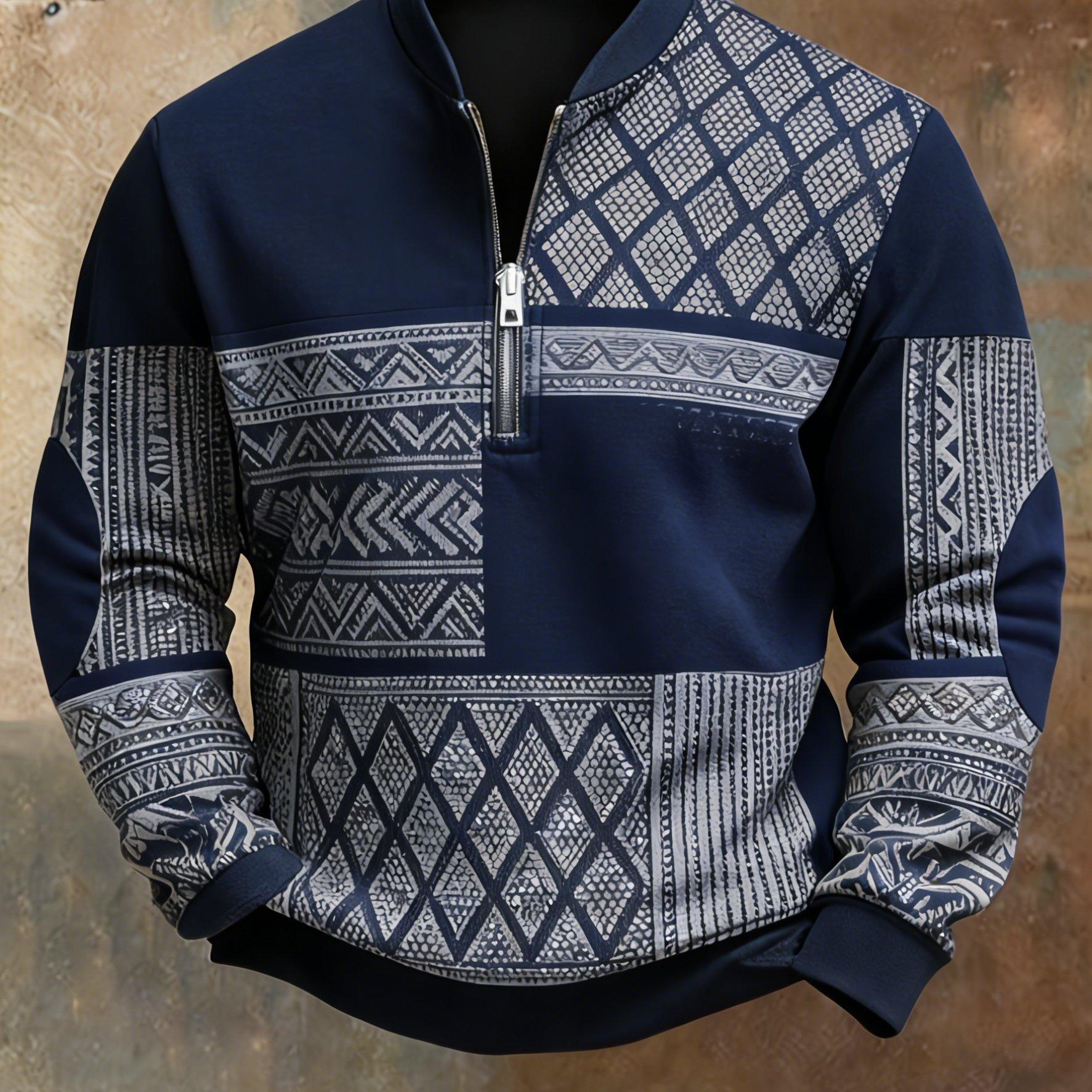TEMU Men's Digital Printing Olive & Khaki Ethnic Geometric Pattern Plain Weave Fabric Half-autumn New Arrival Neckline Zipper Casual Daily Outfit, Plus Size