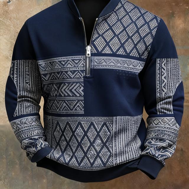TEMU Men's Digital Printing Olive & Khaki Ethnic Geometric Pattern Plain Weave Fabric Half-autumn New Arrival Neckline Zipper Casual Daily Outfit, Plus Size