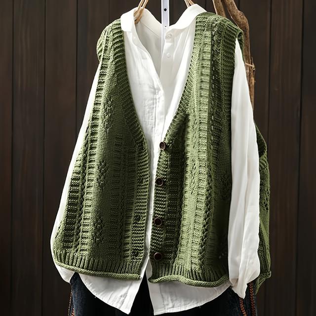 TEMU Gilet décontracté à col en V pour femme, couleur unie, acrylique, légèrement extensible, longueur régulière, boutons, tissu tricoté, 303g/㎡, ceinture, pour la printemps/automne, pour un , .