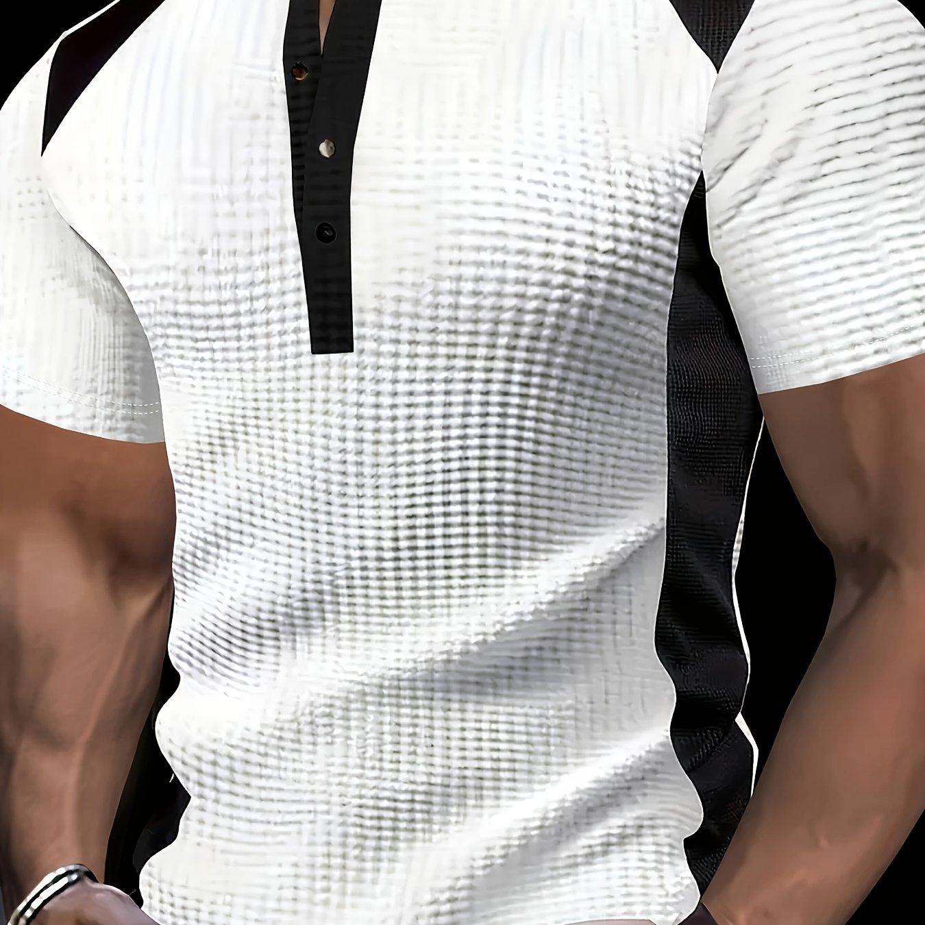 TEMU 1 Men's Fashion Casual Business Henley Shirt | High-end Black And Block Waffle Jacquard Henley Collar T-shirt | Must-have Golf Shirt | Breathable, Warm
