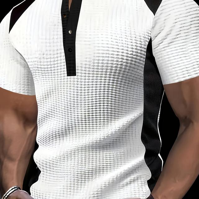 TEMU 1 Men's Fashion Casual Business Henley Shirt | High-end Black And Block Waffle Jacquard Henley Collar T-shirt | Must-have Golf Shirt | Breathable, Warm