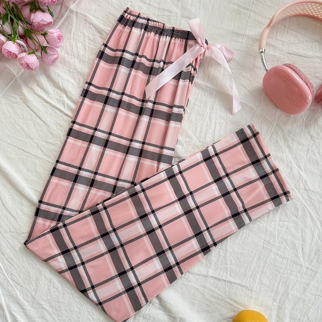 TEMU Women's Checkered Bow Sleep Pants - Nightgowns With Pajama Bow Detail, Medium-stretch Comfortable Sleepwear, Machine Washable Bed Pants For S (non-) - Elegant Pajamas For Use &