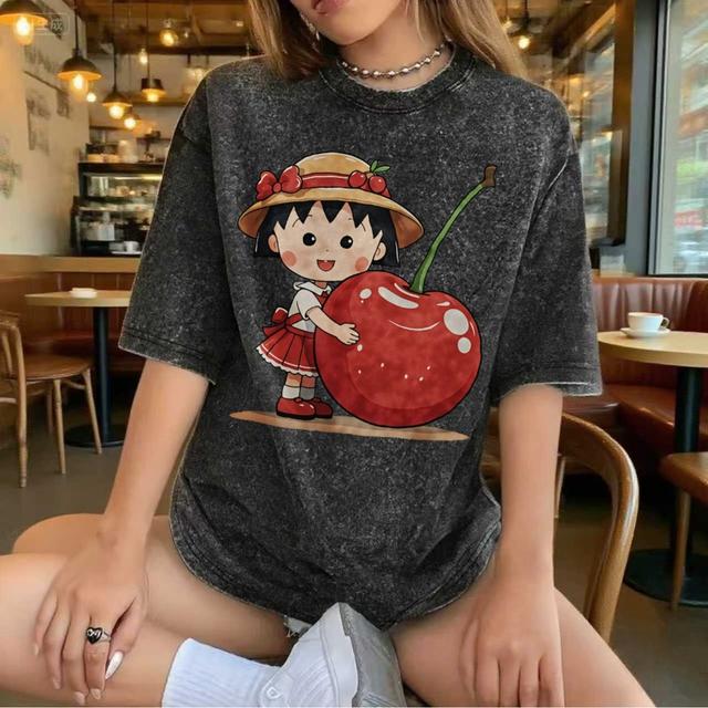 TEMU تيشيرت بتصميم شخصية ماروكو-تشان الأنمي، مطبوع بنمط لطيف، قصة واسعة، للجنسين، بأسلوب مرح ورجعي، مصنوع من قماش مغسول عتيق 100%