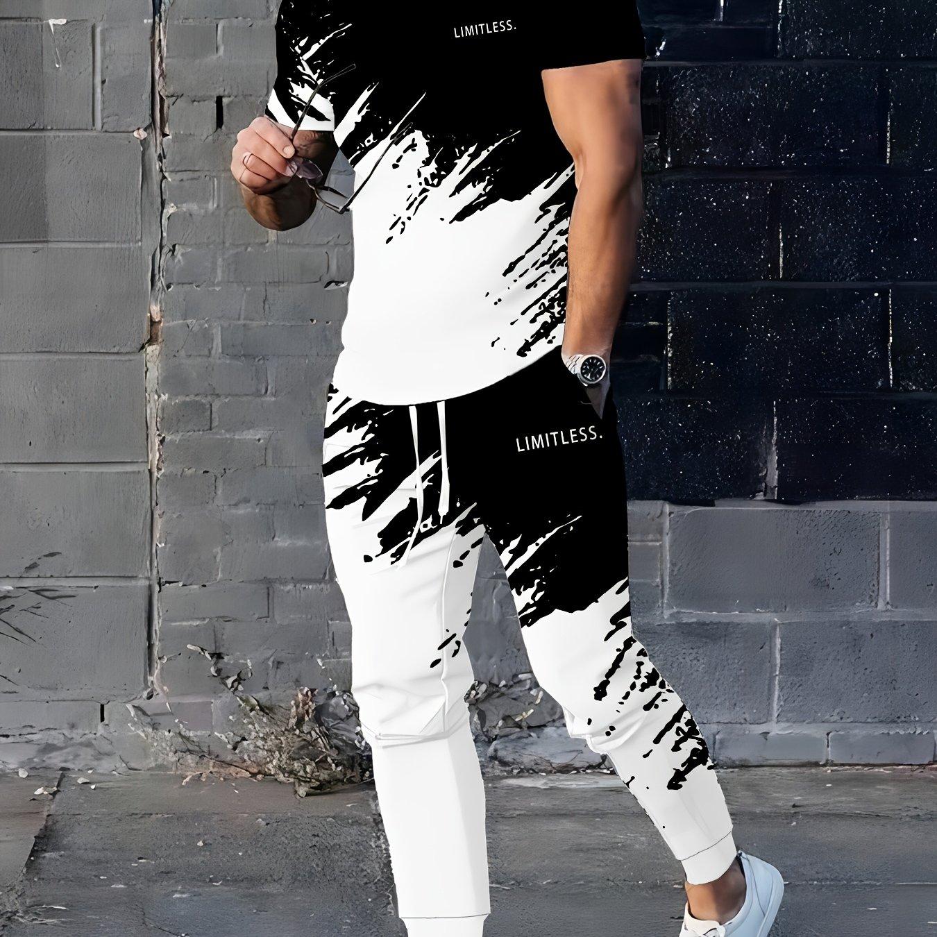 TEMU T-shirt à manches courtes et pantalon de sport à cordon de serrage pour homme avec impression numérique géométrique noire et blanche - Ensemble 2 pièces