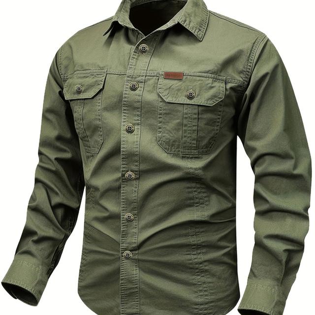 TEMU Men's Long-sleeve Cargo Shirt , Featuring A Button-up Collar And Pockets, Designed For Casual Outdoor Activities With A Retro Elastic Style