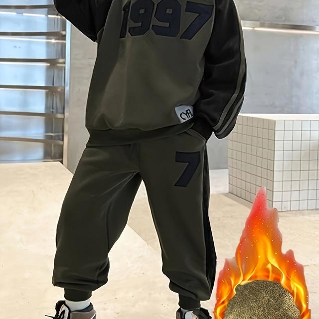 TEMU Jongens 2-delige set, Medium/Large Kinderen Herfst/Winter - Gevoerde Dikke Warme Dubbelzijdige Color-Block Capuchon Trui + Gevoerde Opgerolde Broek Tweedelige Set, Perfect voor Buiten