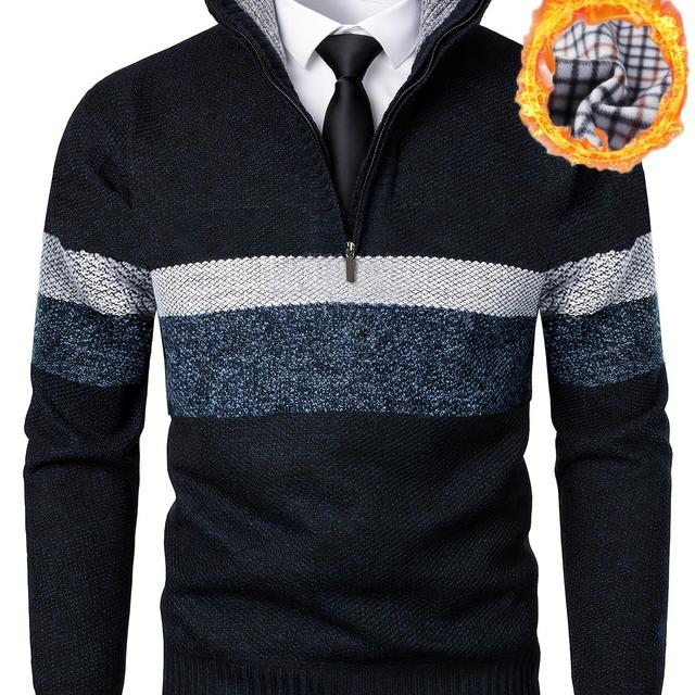 TEMU Suéter tipo de punto grueso con bloques de color y cuello alto de terciopelo para hombre de talla grande, TALLA GRANDE