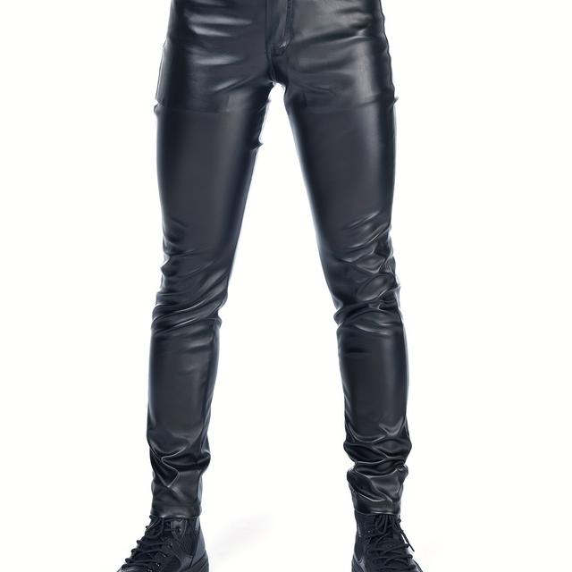 TEMU Men's Chic Pu Pants, Casual Slim Fit Medium Stretch Pu Leather Biker Pants For