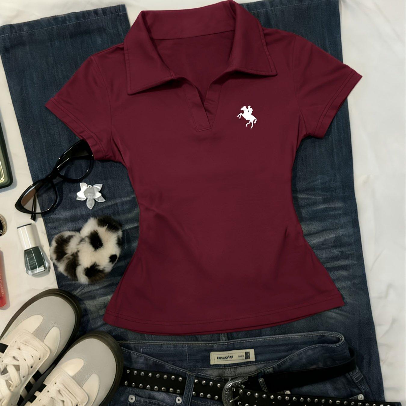 TEMU Collared Shirt, A Popular Women's Easy Shirt With A Slim Fit, Small V-neck, Short Sleeves, And A Flattering, Shoulder Design