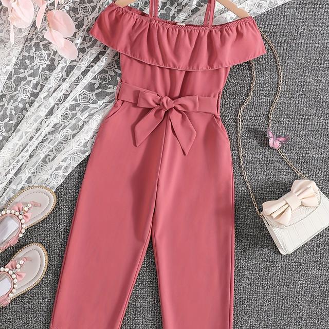 TEMU Summer Casual For Girls Featuring A Sleeveless Strap Jumpsuit In Solid Color, Complete With A Belt, For Outdoor