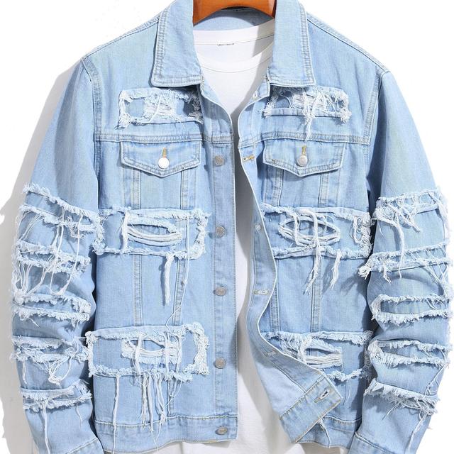 TEMU Giacca di jeans resistente da in , stile e americano, con toppe e bottoni used, giacca di jeans trendy per