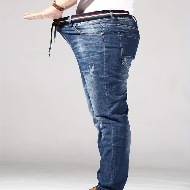 TEMU Herren Plus Size Slim Fit Jeans - Stretch, gerippter Bund, Ganzjahres-Denimhose mit Gürteldetail, PLUS SIZE