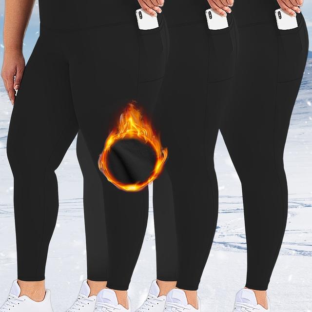 TEMU Übergröße, 3er-Pack – Herbst/Winter – gefütterte Leggings mit hoher Taille 9-Zoll-Seitentasche