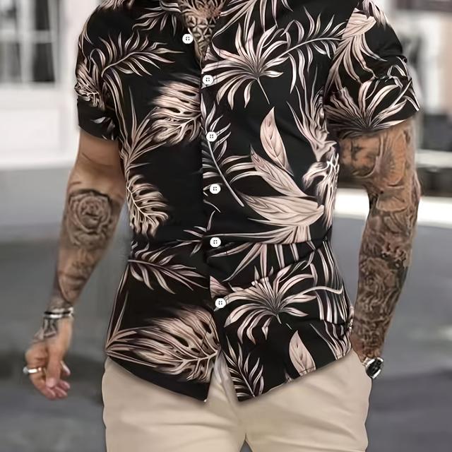 TEMU Camisa para hombre con hojas , hecha de tela de poliéster, corte regular, lavable a máquina, con un vintage y , ideal para a día y salidas informales, pero llamativa