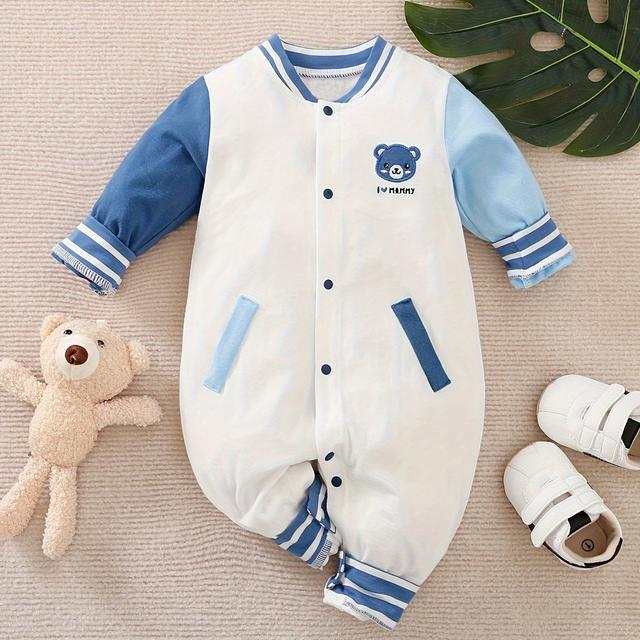 TEMU Spring And Autumn Newborn Long-sleeve Bodysuit Blue And White Bear Baseball Jacket Bodysuit, Perfect For Outdoor