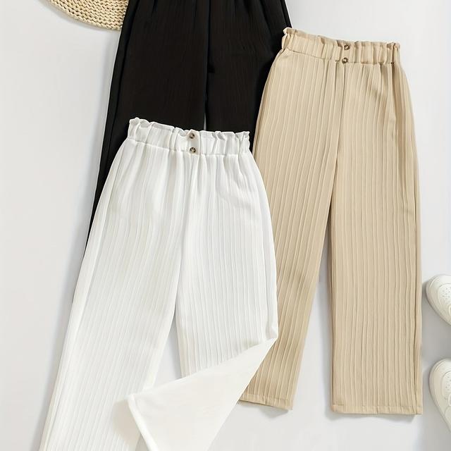 TEMU Three-piece Summer Solid Color Casual Fashion Elastic Waist Ruffle Design Long Pants Set, Outdoor