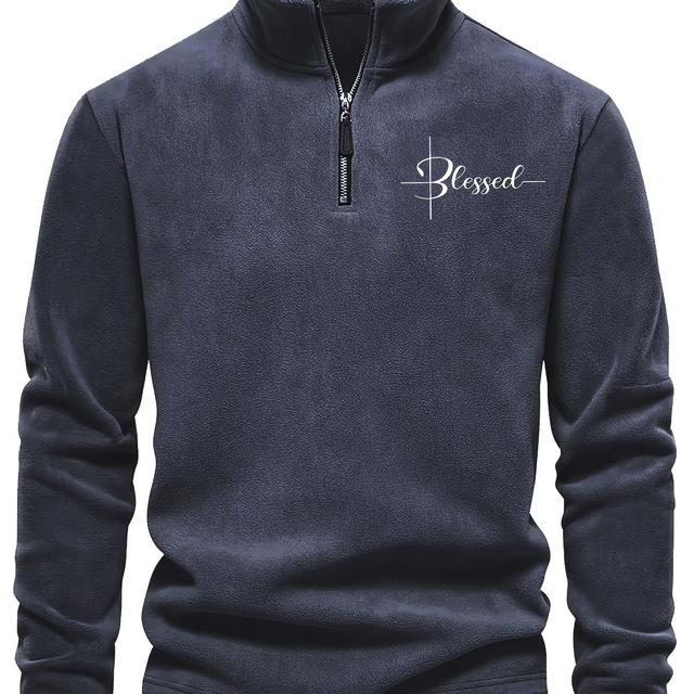 TEMU Men's Vintage Fleece-lined Half-zip Henley Shirt With Embroidered 'blessed' Logo, Stand Collar & High Elasticity - Machine Washable Casual Winter Pullover For Outdoor Activities