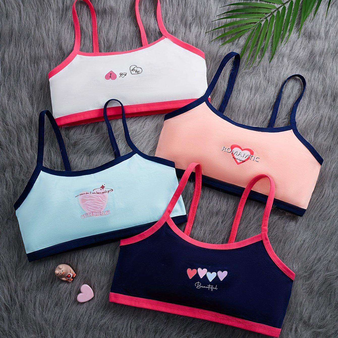 TEMU 4pcs Girls' Underwear, Comfortable And Heart Print Contrast Strap Tank Top