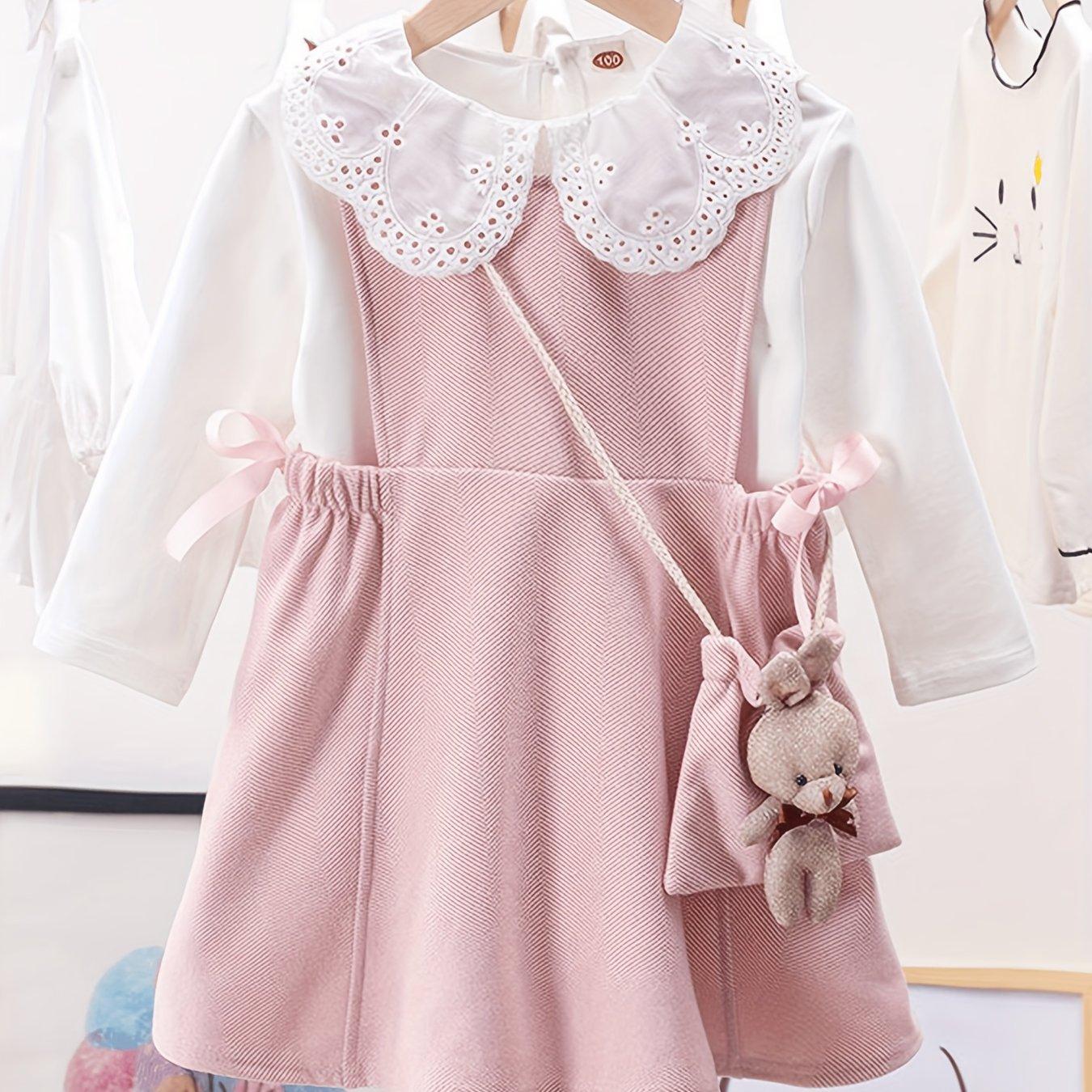 TEMU Girls' Spring And Autumn Long-sleeved Shirt Casual Dress Two-piece Set With Bag, For Outdoor