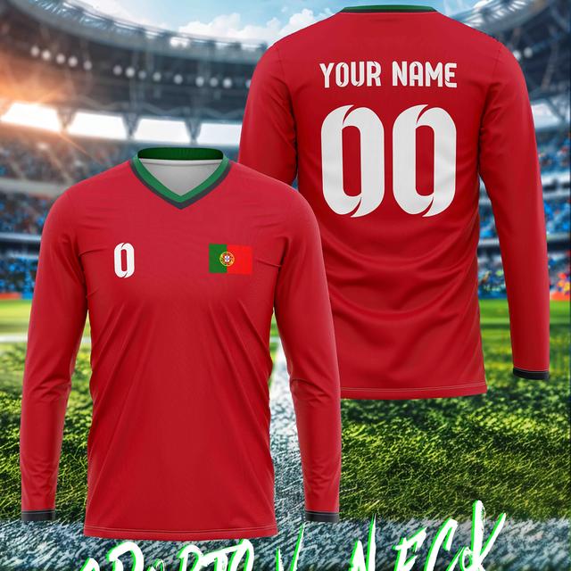 TEMU Portugal Legion Of 5 Men's V-neck Long Sleeve Football Jersey, Polyester Material, Stretch, All , Regular Fit, For Daily Leisure Party Gatherings, Training, Running, Soccer, Outdoor Activities