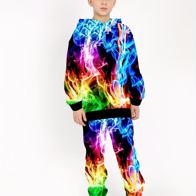 TEMU Jongens' Trendy Regenboogvlam Hoodie & Joggingbroek Set - Comfortabele, Ademende Polyester Outfit voor Herfst/Winter, Perfect voor Buiten