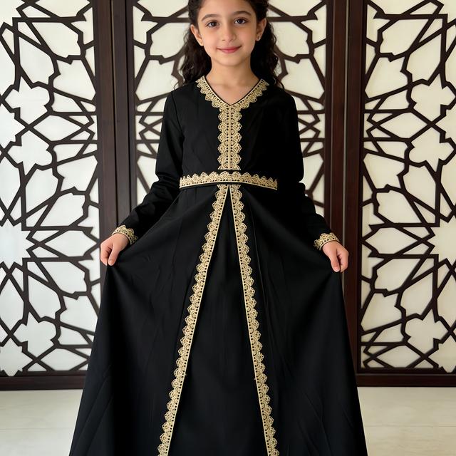 TEMU عباية إسلامية طويلة أنيقة، قطعة واحدة، رداء عربي إسلامي شرق أوسطي من دبي بفستان دانتيل ذهبي + حزام، مناسبة لملابس الصلاة والحفلات وهدايا رمضان