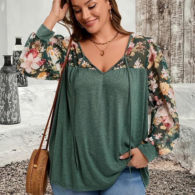 TEMU Plus Size, 2025 New Women's Elegant V-neck Long Sleeve T-shirt - Color Block & Floral Print With Mesh Panels, Machine Washable Versatile Top