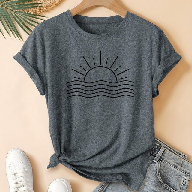 TEMU T-shirt rose à manches courtes pour femmes, style rétro tendance, avec soleil et , idéal pour et les tenues décontractées d'été.
