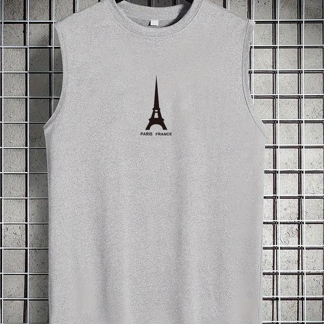 TEMU パリのプリントが施されたメンズ用ドライ吸湿速乾通気タンクトップ、アスレチックジムスポーツ用の袖なしシャツ、ランニングトレーニング用のメンズウェア
