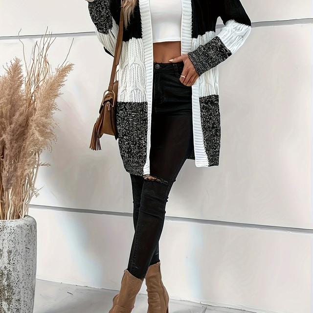 TEMU Schicke Langarm-Strickjacke mit Kontrastfarbe, Acryl, eleganter Stil, maschinenwaschbar, Freizeitkleidung für Frühling/Herbst