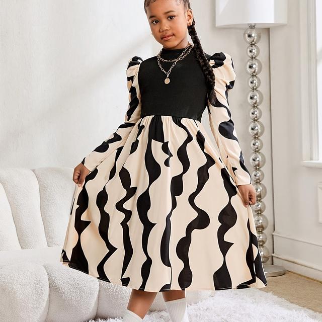 TEMU Girls' Elegant Striped Loose-fit Princess Party Dress With Puffy Long Sleeves - Spring/autumn Wedding Guest Dress, Outfit, Performance Attire - Machine Washable Loose-fitting Dress For (no Care)