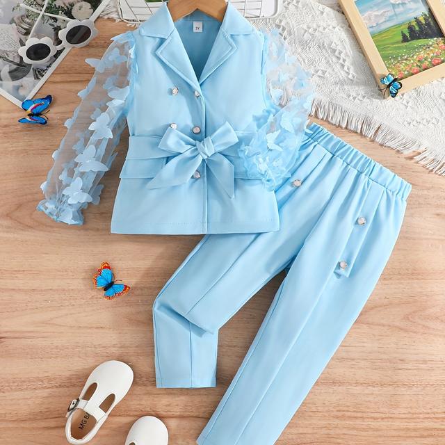 TEMU 2pcs Girls' Sweet Three-dimensional Lapel Long-sleeve Blazer + Solid Color Pants Set, Perfect For Outdoor