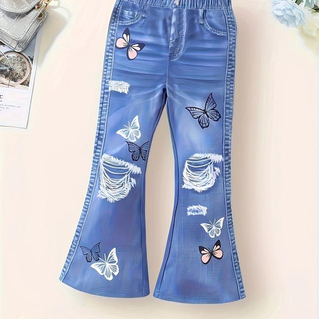 TEMU Girls Stylish & Stretchy Butterflies & Ripped Denim Print Flared Pants For Summer