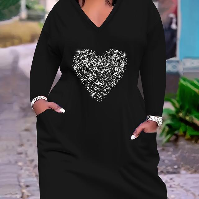 TEMU Plus Size, Plus Size Women's Casual Heart Embellished Pocket Long Sleeve Dress