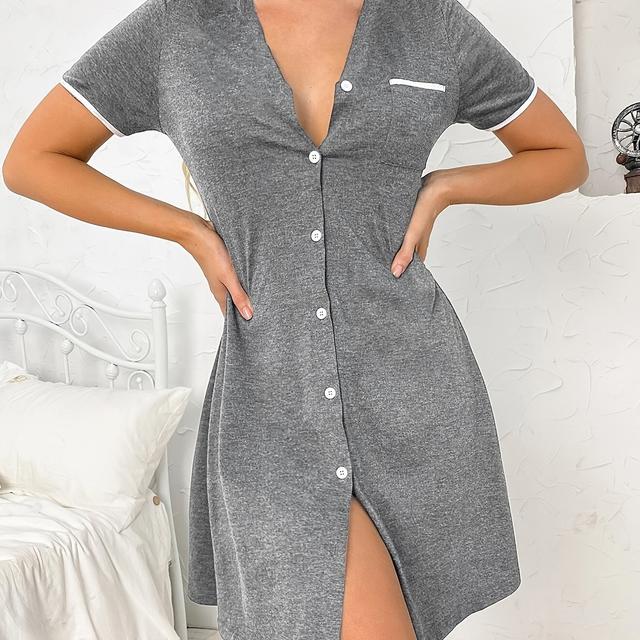 TEMU Women' Color Button- Short Sleeve Elegant Nightgown