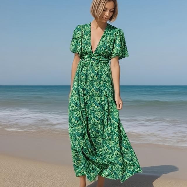 TEMU Women's Elegant V-neck Backless Short Sleeve Maxi Dress - Floral Print, Cinched Waist, For Spring/summer, Summer Fashion | Floral Print Dress | Dress, Floral Print Dress