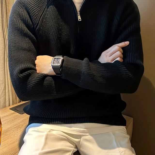 TEMU 남성용 캐주얼 솔리드 컬러 두꺼운 니트 지퍼 업 스웨터 - 가을 패션 스타일, 미디엄 스트레치 데일리 컴포트 풀오버, 클래식 넥라인 디자인