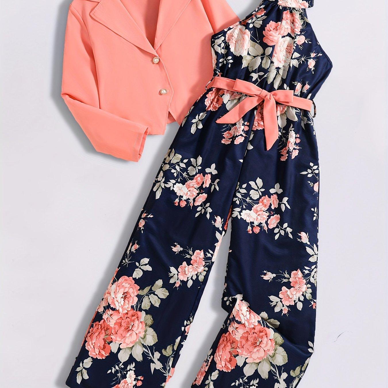 TEMU Girls Autumn Solid Color Button- Collar Top With Floral Print Zipper Back And Bow Tie Sleeveless Bodysuit Elegant Two-piece Set, Perfect For Outdoor