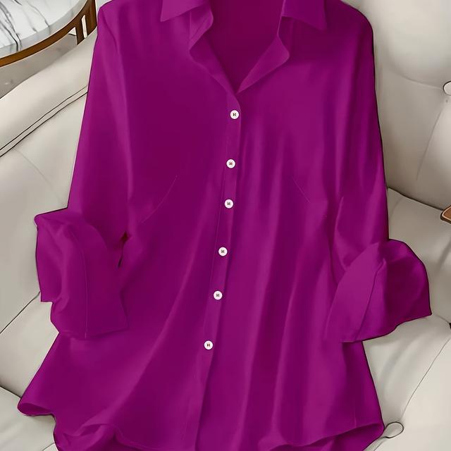 TEMU [smooth Texture] Women's Plus Size Elegant Long Sleeve Button-up Shirt - Solid Purple, Satin-like Polyester Blend, Flowing Design, Machine Washable, Casual , Elegant Long Sleeve Button Blouses
