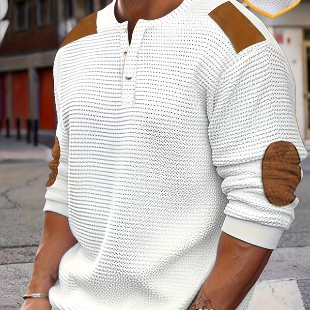 TEMU Men's Textured Waffle Fabric Color- Henley Shirt With Metal Buttons For Outdoor Sports And Leisure
