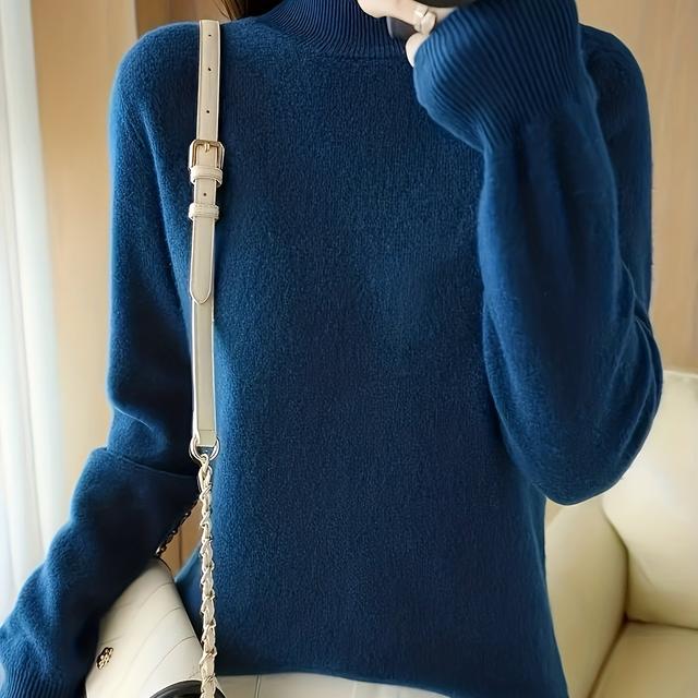 TEMU 우아한 하이넥 따뜻한 스웨터 | 가을/겨울 단색 긴팔 풀오버, 신축성 좋은 원단, 스키니 핏