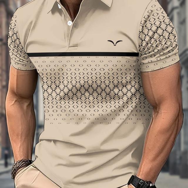 TEMU Men's Casual Striped Print Short Sleeve Shirt With Button Details And Collar - Light Gray, Dark Gray, Beige, Spring/summer/fall, Regular Fit, Polyester Blend, Plus Size
