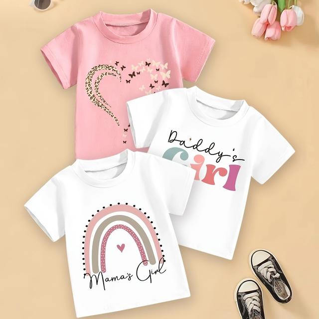 TEMU 3-teiliges Set stilvoller und einfacher Kurzarm-T-Shirts für Mädchen mit Valentinstag- und Ramadan-Herzbriefdrucken.