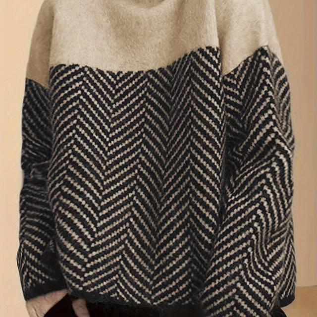 TEMU Plus Size, New Arrival Women's Casual Fashion Geometric Contrast Color Pattern Thick Long Sleeve Sweater