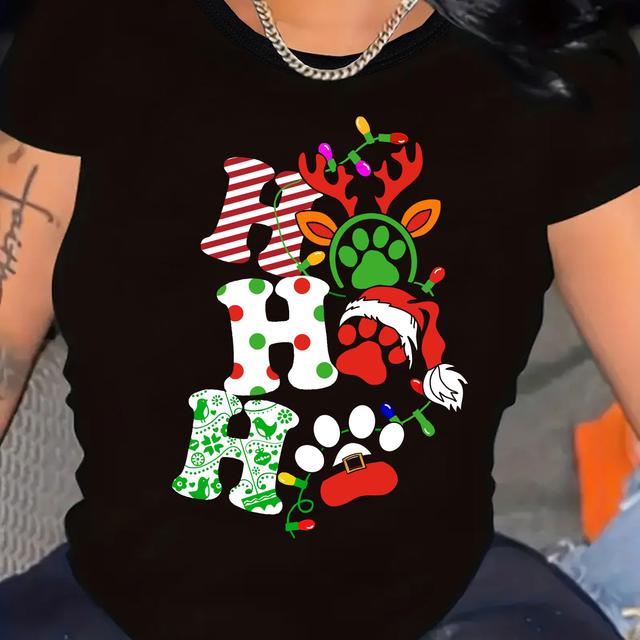 TEMU Plus Size Christmas Paw Print T-shirt, Casual Crew Neck Short Sleeve Top, Women's Plus Size Clothing